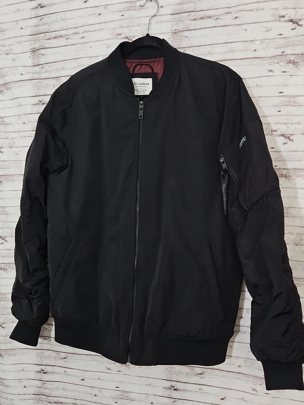 Pull&Bear Black Bomber Jacket with Burgundy Lining